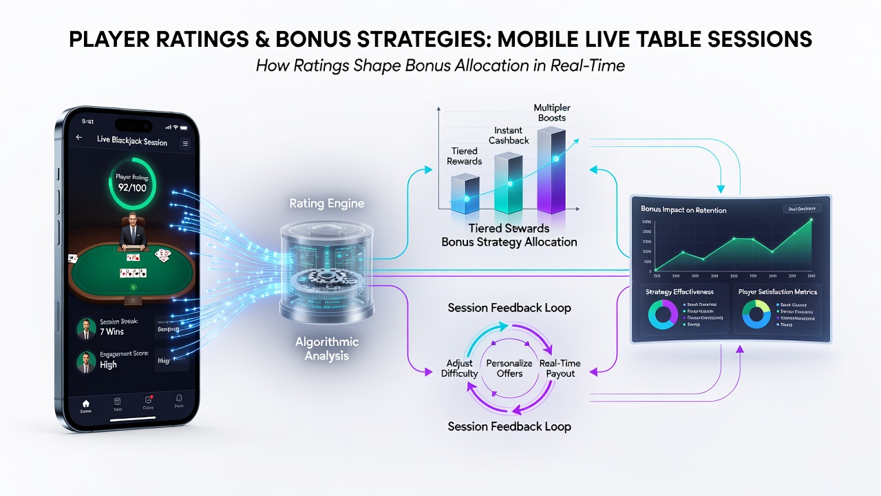 Mobile App-Oberfläche mit Live-Tisch-Boni und Rating-Anzeigen